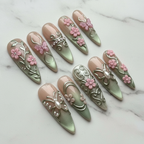 Full set 10 sage green chrome 3D butterfly floral stiletto custom press-on nails on marble background — LuxepressCo
