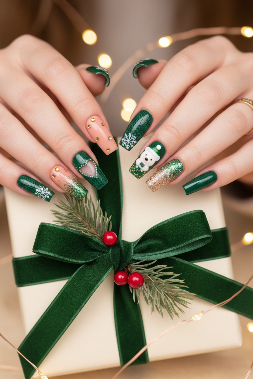 Fair-skin lifestyle Christmas bear green knit snowflake polar bear custom press-on nails holding gift box — LuxepressCo