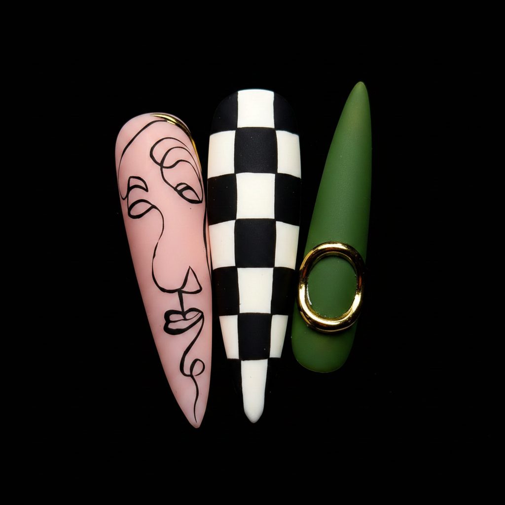 Macro close-up checkerboard abstract face line art gold metal charm custom press-on nails stiletto — LuxepressCo