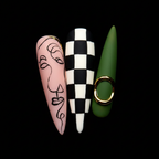 Macro close-up checkerboard abstract face line art gold metal charm custom press-on nails stiletto — LuxepressCo