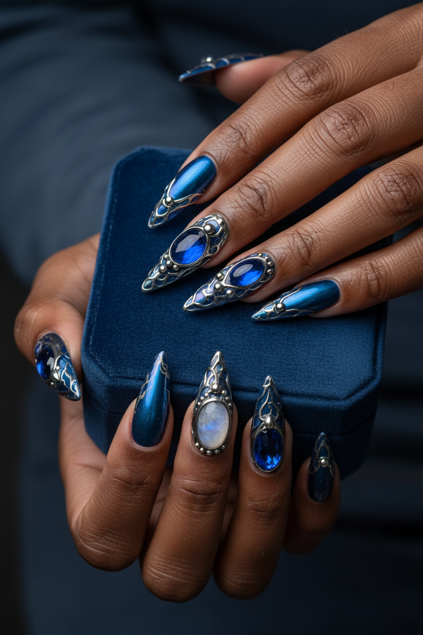 Dark skin hands with sapphire blue chrome 3D silver frame salon-quality press-on nails holding velvet box — LuxepressCo