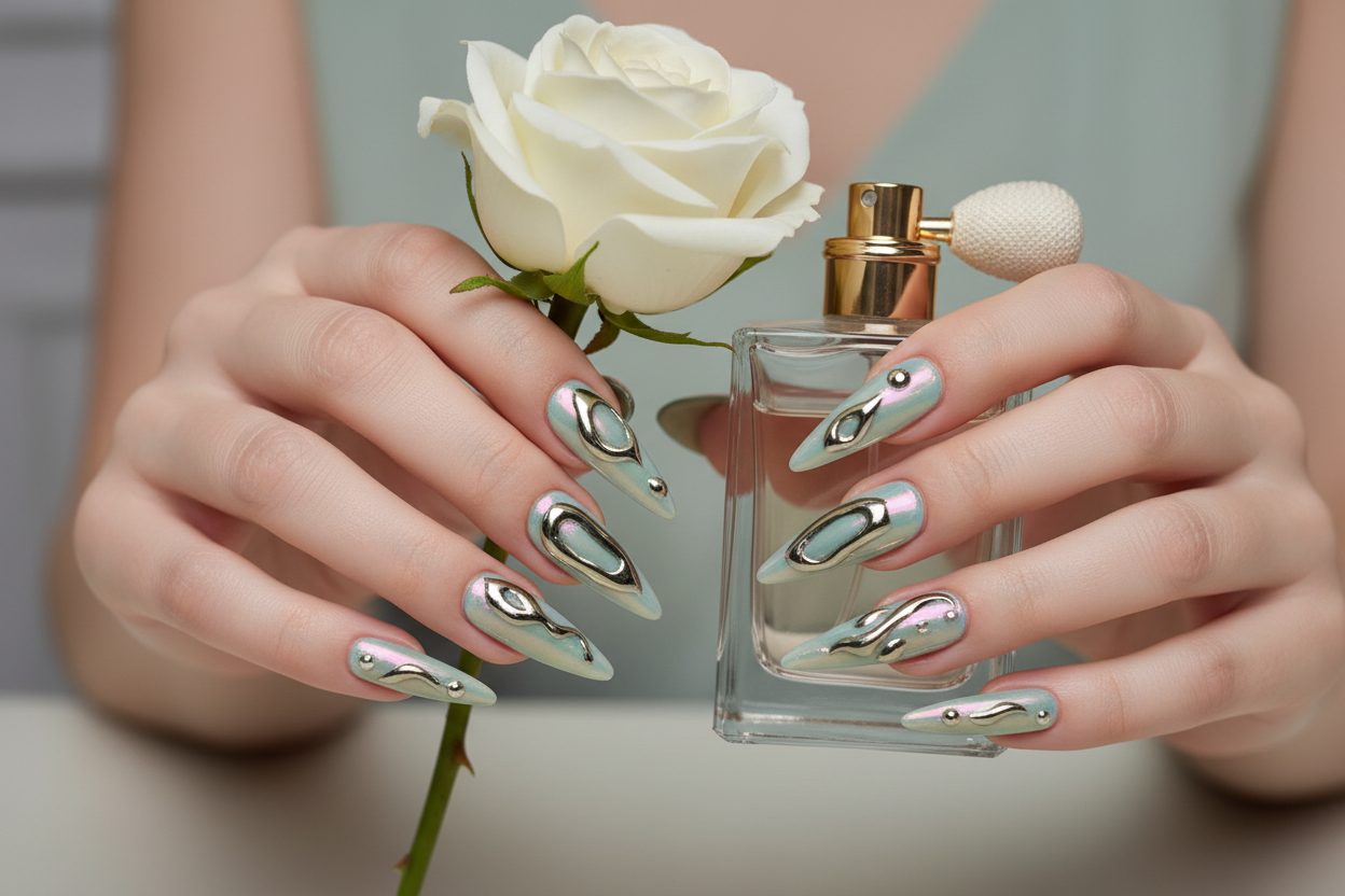 Fair skin hands wearing aurora chrome custom press-on nails holding luxury rose — LuxepressCo