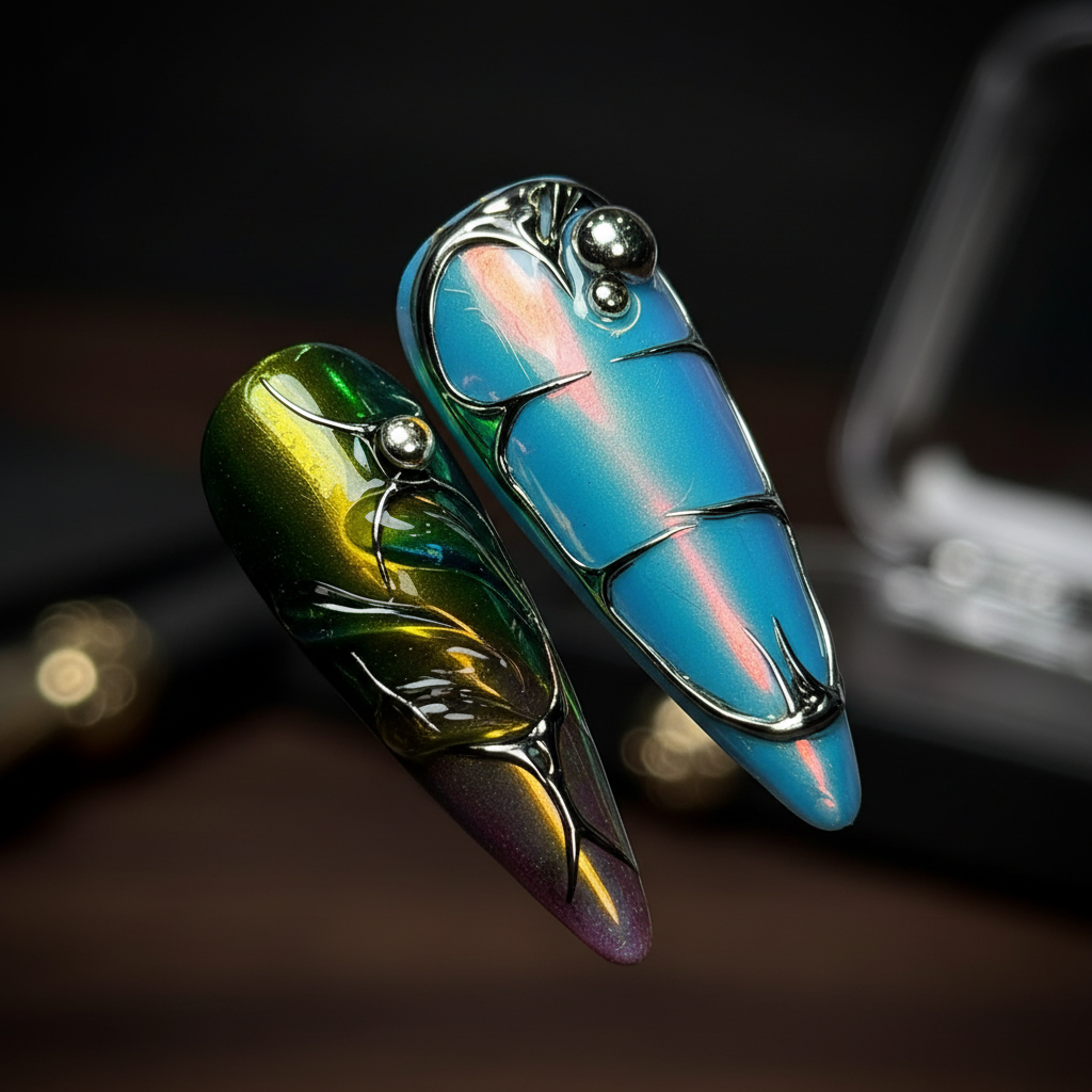 Macro close-up 3D sculptural chrome foil salon-quality press-on nails detail — LuxepressCo