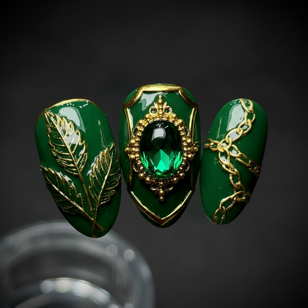 Macro close-up dark green gold chrome gemstone filigree 3D botanical reusable salon-quality press-on nails — LuxepressCo