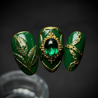 Macro close-up dark green gold chrome gemstone filigree 3D botanical reusable salon-quality press-on nails — LuxepressCo