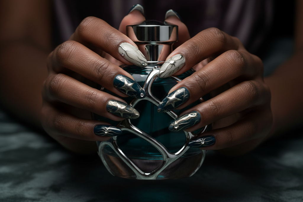 Dark-skin hands wearing teal chrome reusable press-on nails holding dark teal silver perfume bottle — LuxepressCo