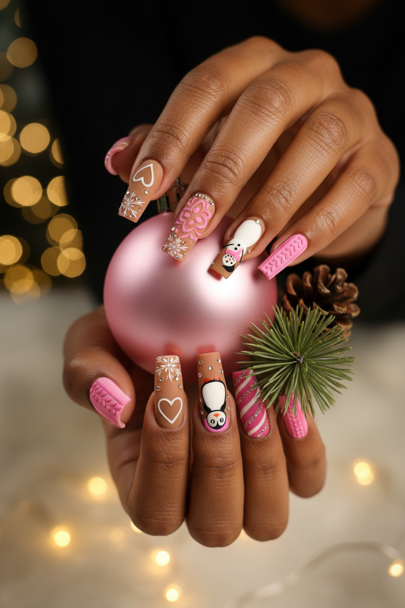 Dark-skin lifestyle Christmas gingerbread snowflake candy cane custom press-on nails holding pink ornament — LuxepressCo