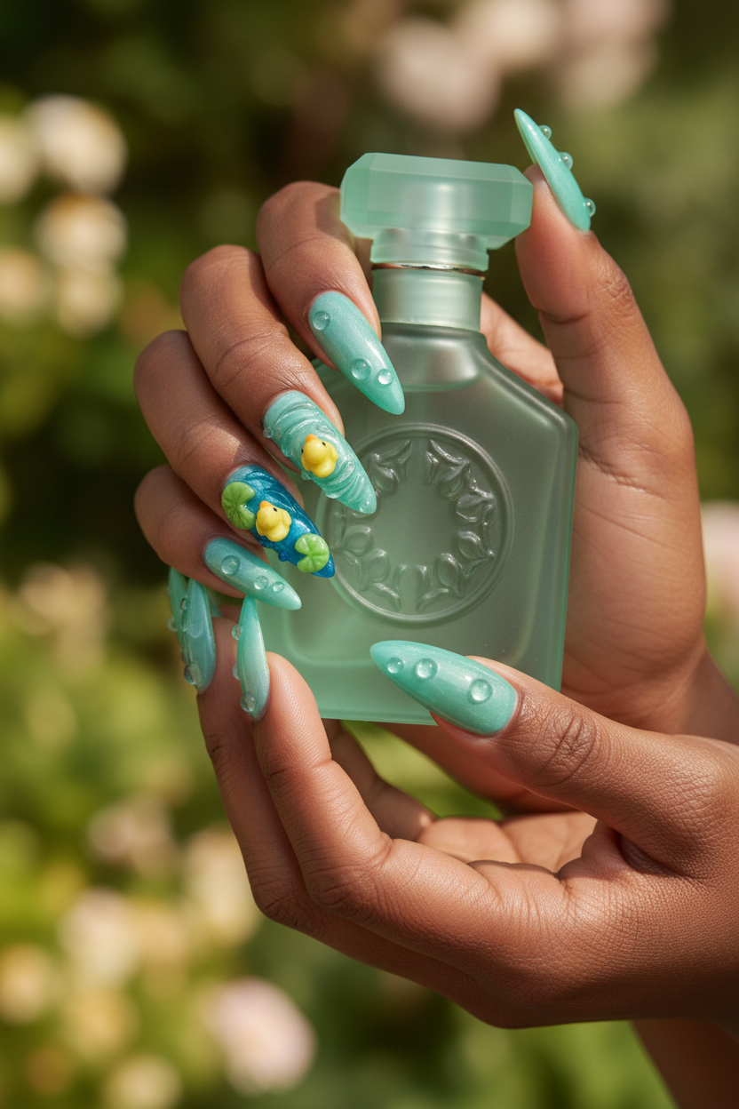 Dark-skin hands holding mint perfume wearing teal mint jelly glass rubber duck lily pad reusable press-on nails — LuxepressCo