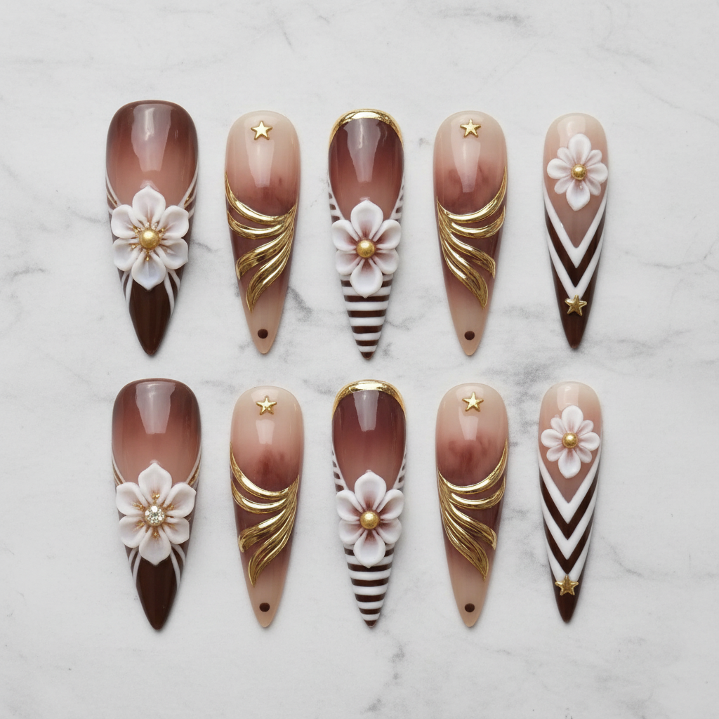 Flat lay top-down full set 10 brown ombre floral gold foil custom press-on nails marble — LuxepressCo