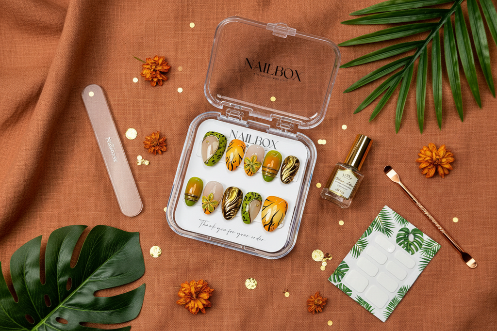 Luxury unboxing acrylic box orange green wild chrome press-on nails with accessories on terracotta linen — LuxepressCo