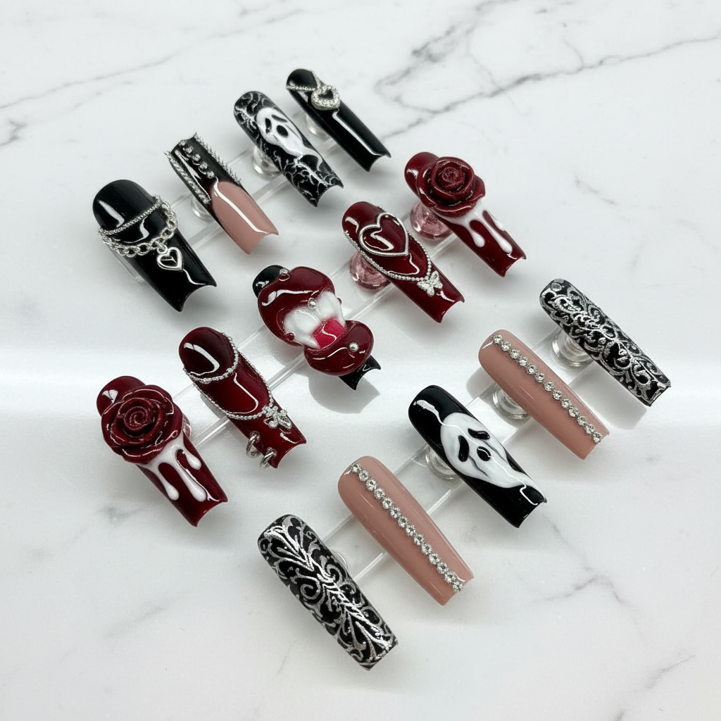 Gothic dark red black 3D rose chain silver full set custom press-on nails marble studio — LuxepressCo