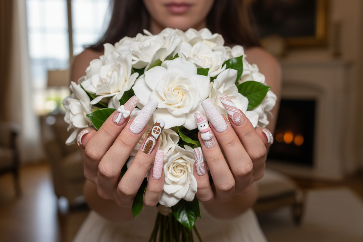 Light skin hands holding flowers with Christmas winter custom press-on nails salon-quality — LuxepressCo
