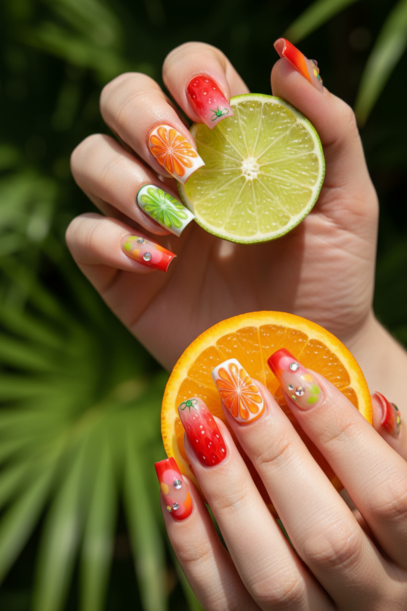 Fair skin hands wearing citrus carnival square custom press-on nails holding fresh lime and orange slice — LuxepressCo