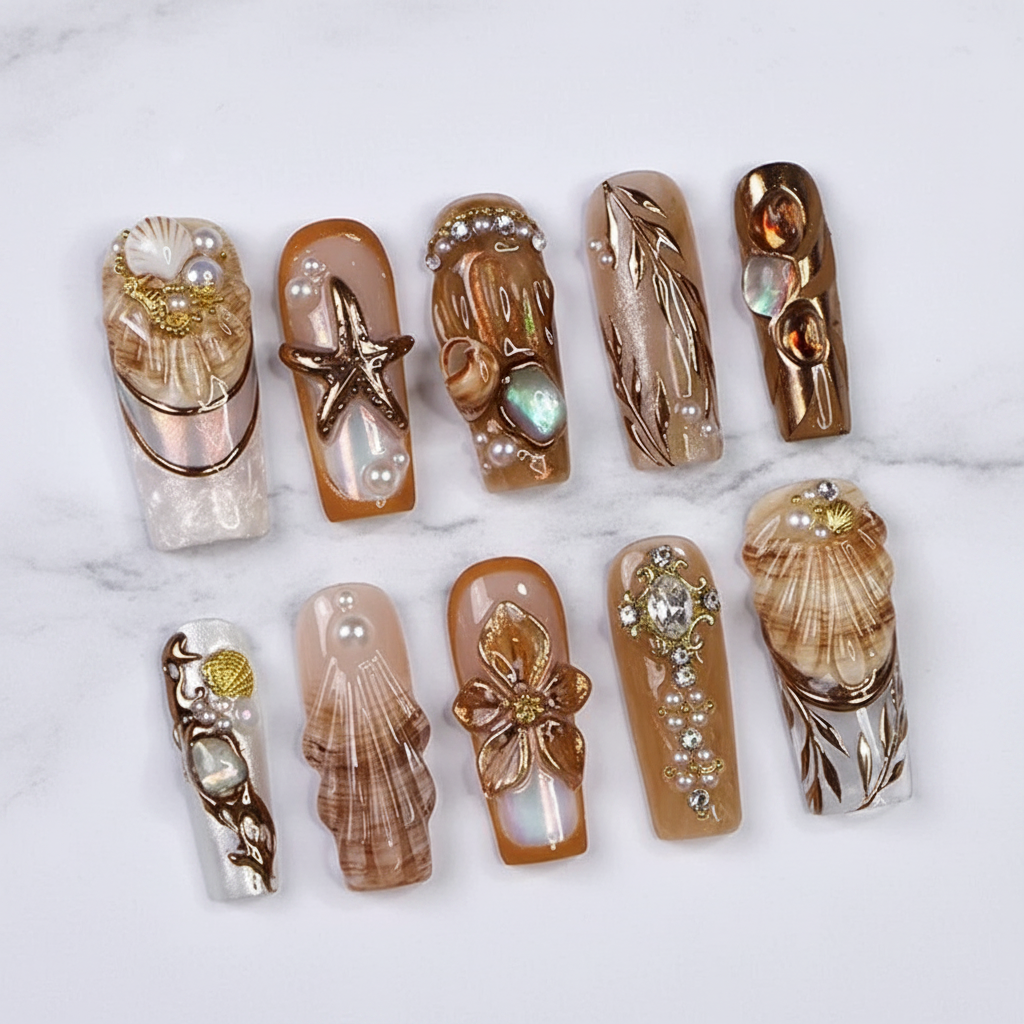 Ocean shell gold starfish 3D pearl abalone custom press-on nails full set on white marble — LuxepressCo