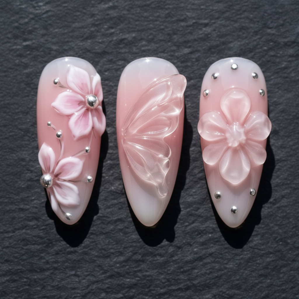 Close-up 3D sculpted flower pearl butterfly crystal charm custom press-on nails blush pink — LuxepressCo