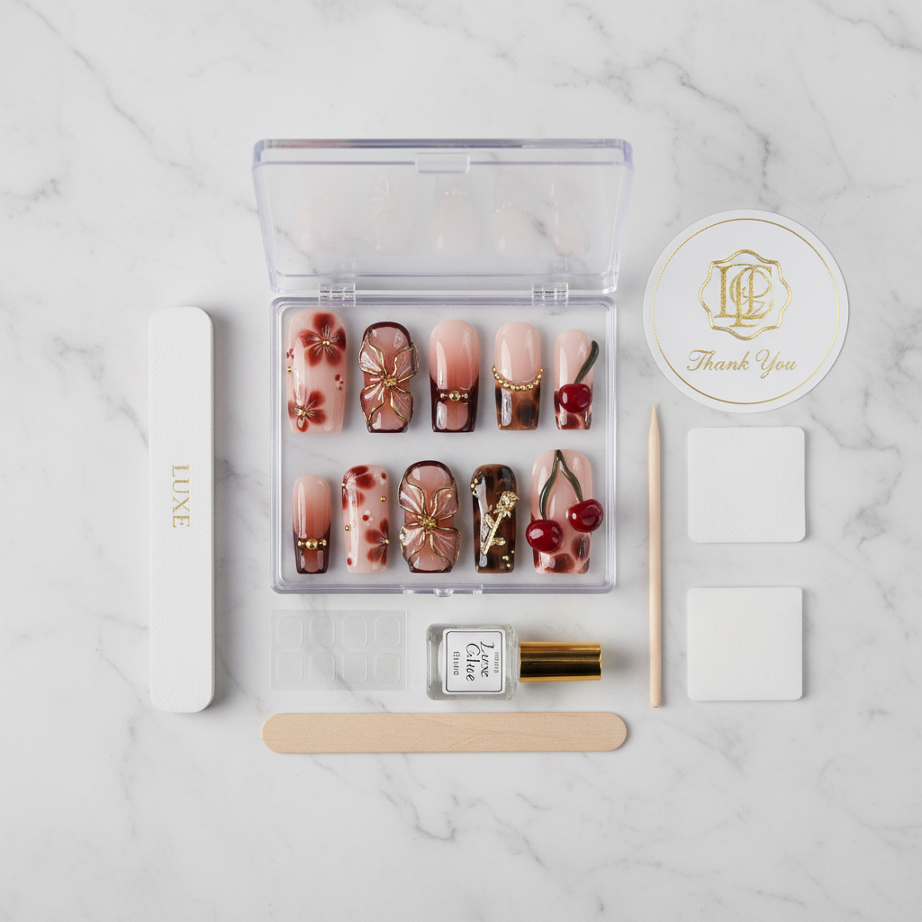 Acrylic packaging box open with reusable burgundy floral square nails nail file Luxe Glue adhesive tabs — LuxepressCo