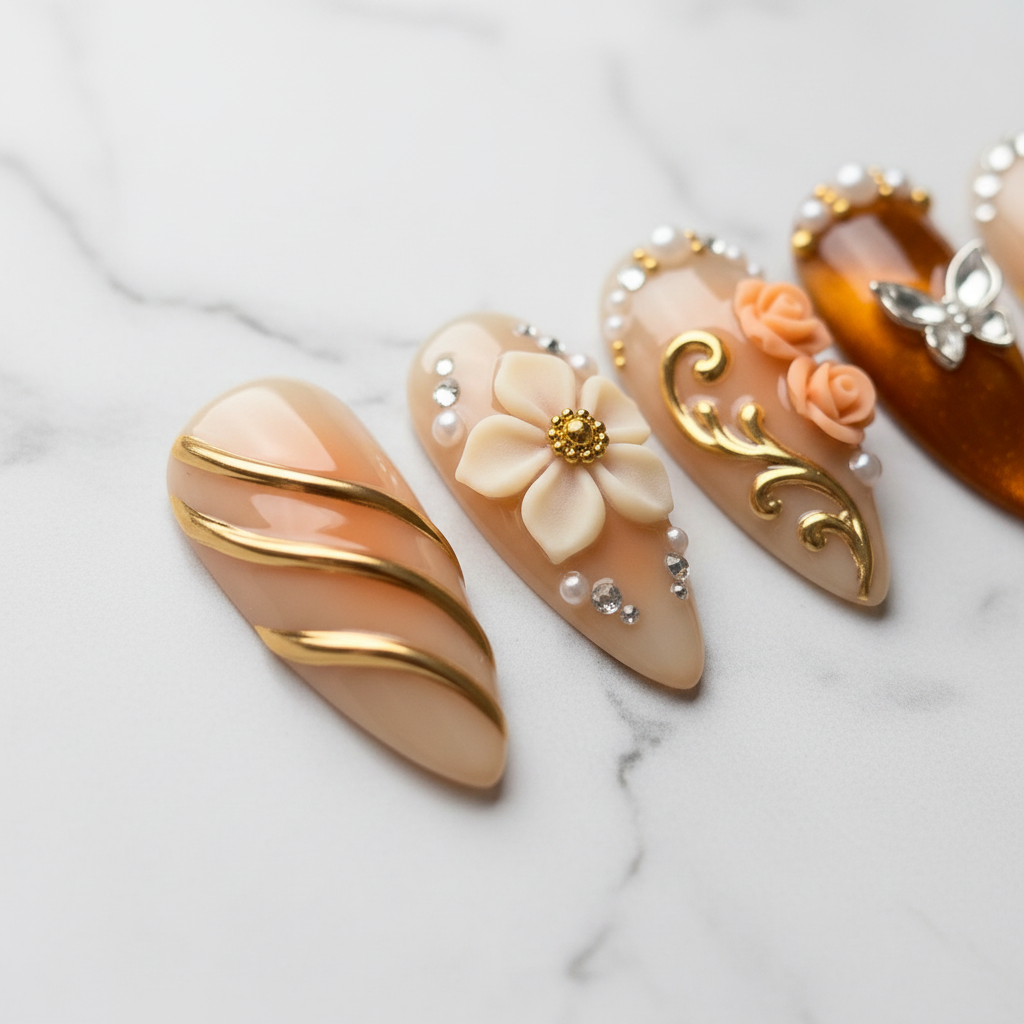 Macro close-up champagne nude gold foil stripe 3D white flower custom press-on nails marble — LuxepressCo