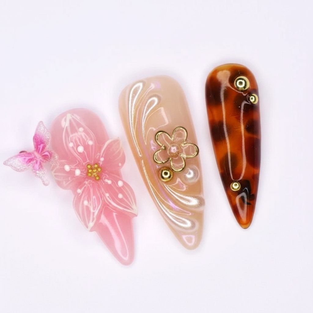 Macro close-up nude gold 3D flower 3D butterfly pink salon-quality nails — LuxepressCo