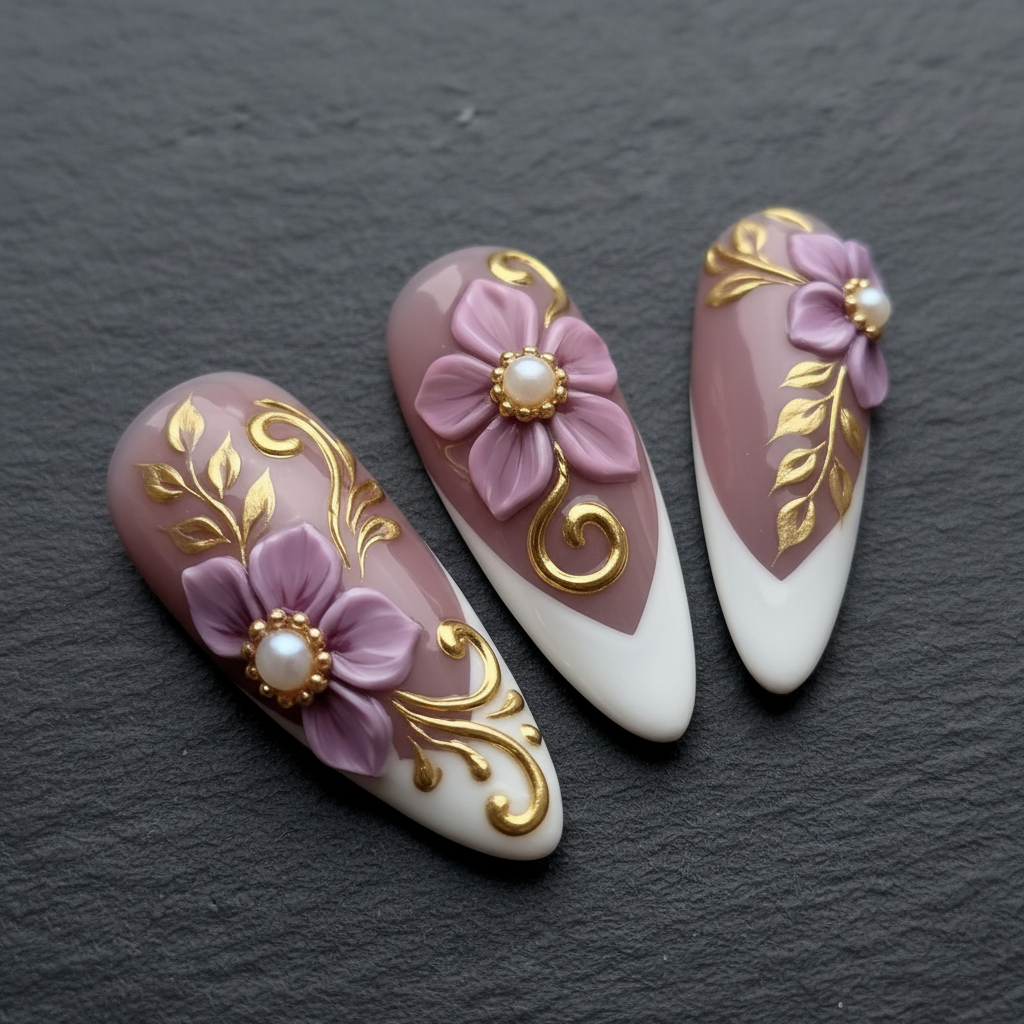 Macro close-up 3D purple floral pearl baroque gold filigree custom press-on nails dramatic lighting — LuxepressCo
