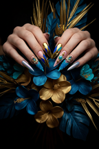 Fair-skin lifestyle gold chrome sapphire teal leaf goddess crown custom press-on nails holding blue gold flowers — LuxepressCo