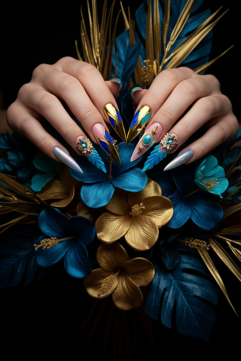 Fair-skin lifestyle gold chrome sapphire teal leaf goddess crown custom press-on nails holding blue gold flowers — LuxepressCo