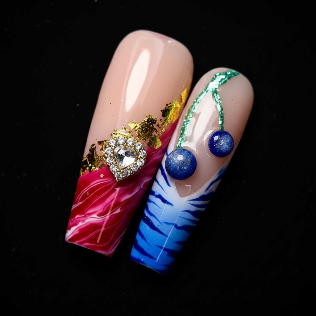 Macro close-up pink red marble gold foil heart rhinestone charm blue marble teal chain lapis gem custom press-on nails — LuxepressCo