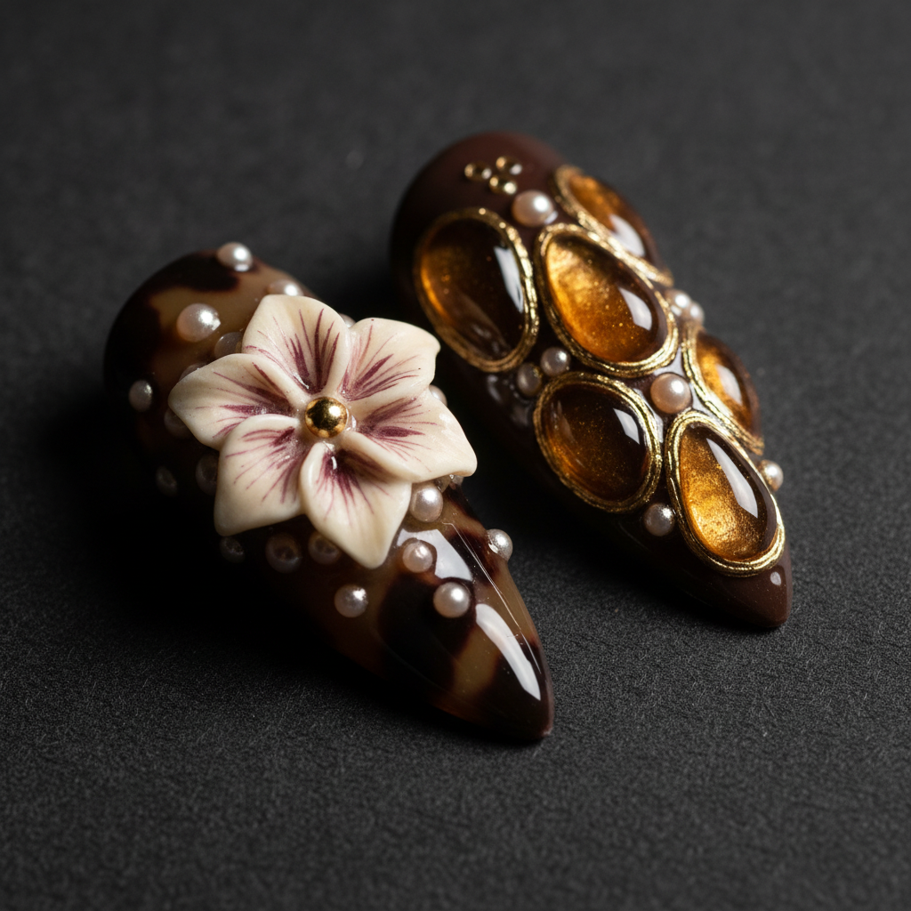 Macro close-up 3D ivory flower amber resin panels custom press-on nails tortoiseshell dark brown gold — LuxepressCo