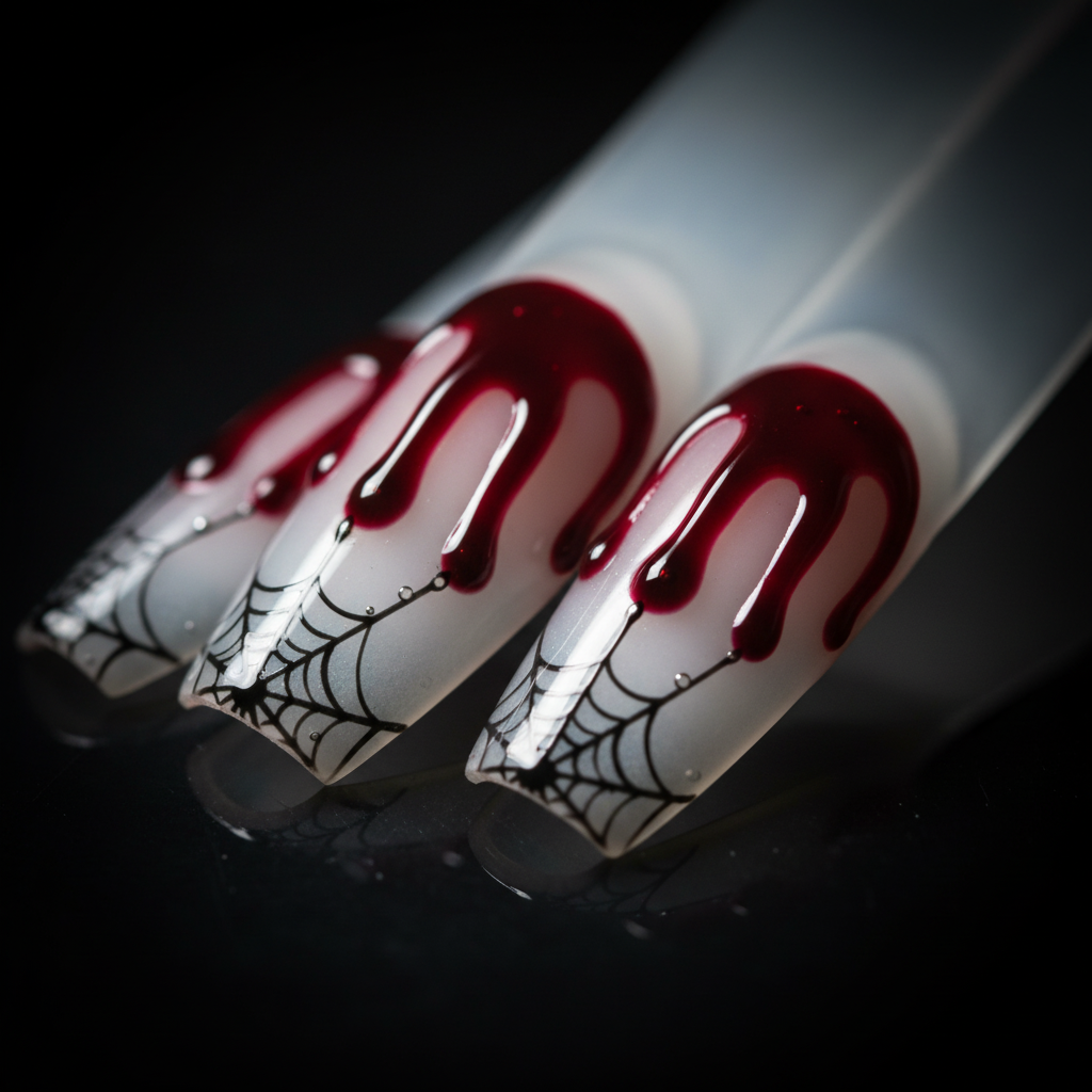 Macro close-up crimson blood drip black spider web art white base custom press-on nails gothic — LuxepressCo