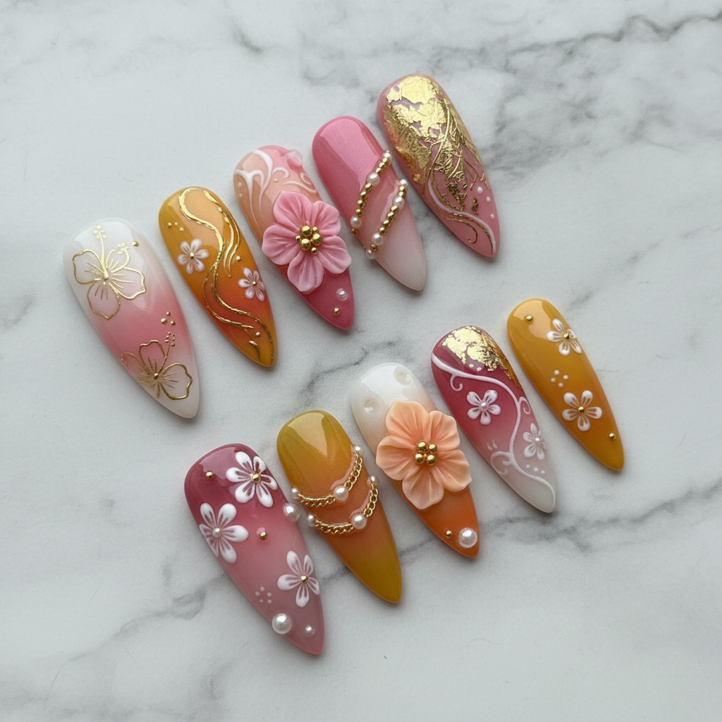 Full set 10 pink gold 3D floral press-on nails on marble background custom press-on nails almond shape — LuxepressCo