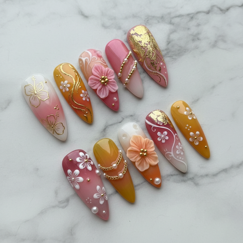 Full set 10 pink gold 3D floral press-on nails on marble background custom press-on nails almond shape — LuxepressCo