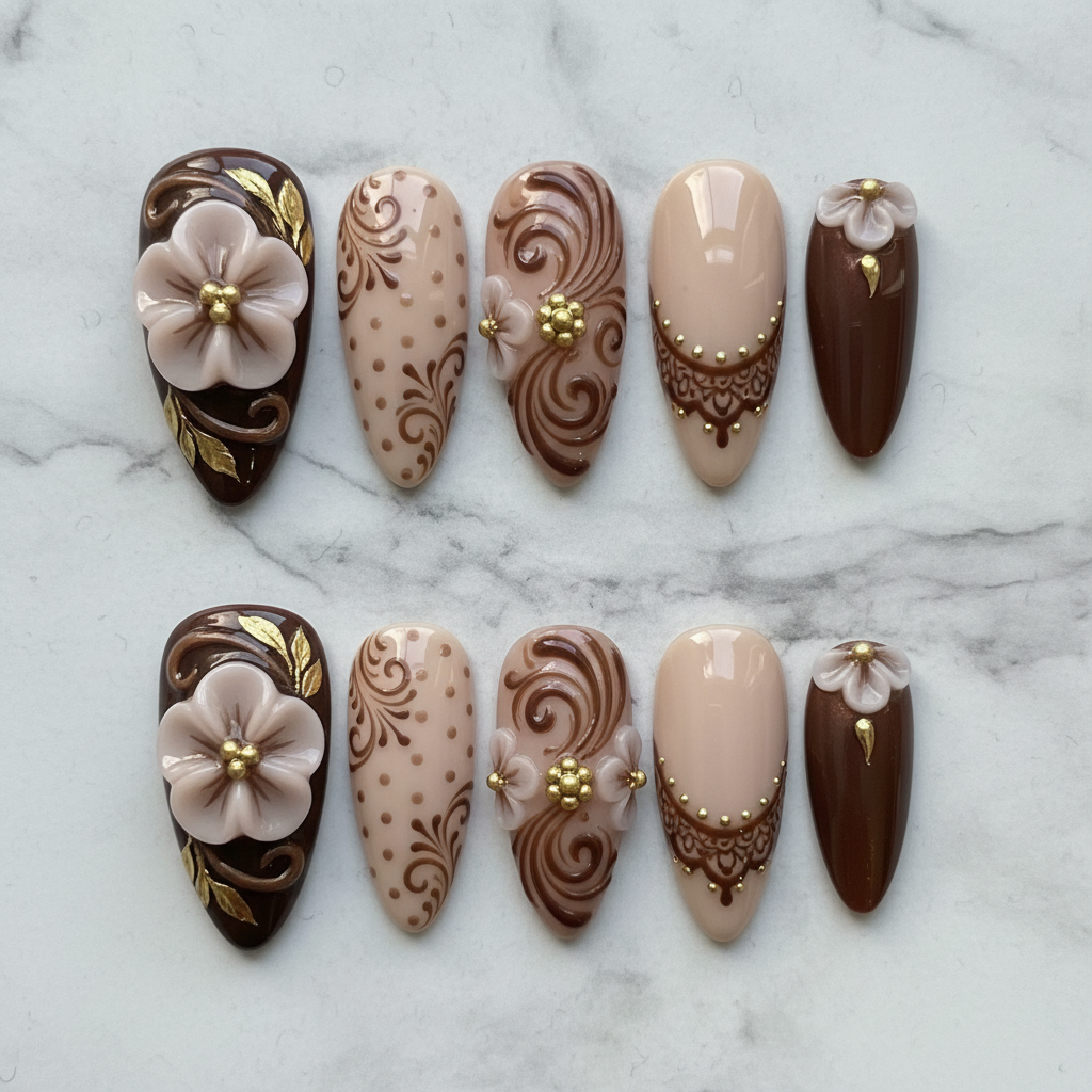 Flat lay top-down full set 10 luxury baroque brown gold 3D floral reusable press-on nails — LuxepressCo