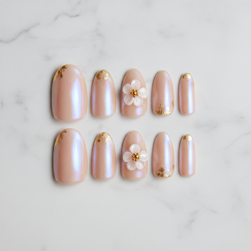 Flat lay top-down full set 10 nude beige 3D floral gold foil aurora shimmer custom press-on nails — LuxepressCo