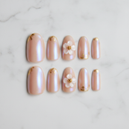 Flat lay top-down full set 10 nude beige 3D floral gold foil aurora shimmer custom press-on nails — LuxepressCo