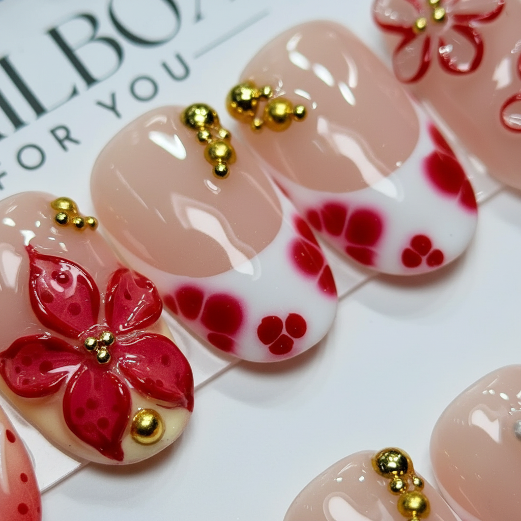Red Floral Press-On Nails macro close-up 3D detail