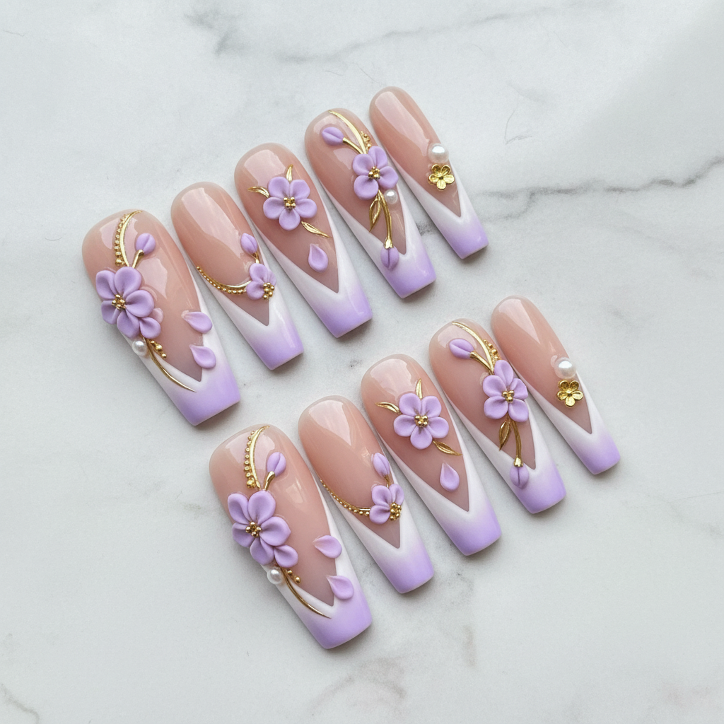 Lavender 3D flower gold vine French tip pearl press-on nails hero shot white marble studio custom press-on nails — LuxepressCo