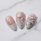 Silver glitter French tip botanical leaf tulip custom press-on nails macro texture gloss white marble — LuxepressCo