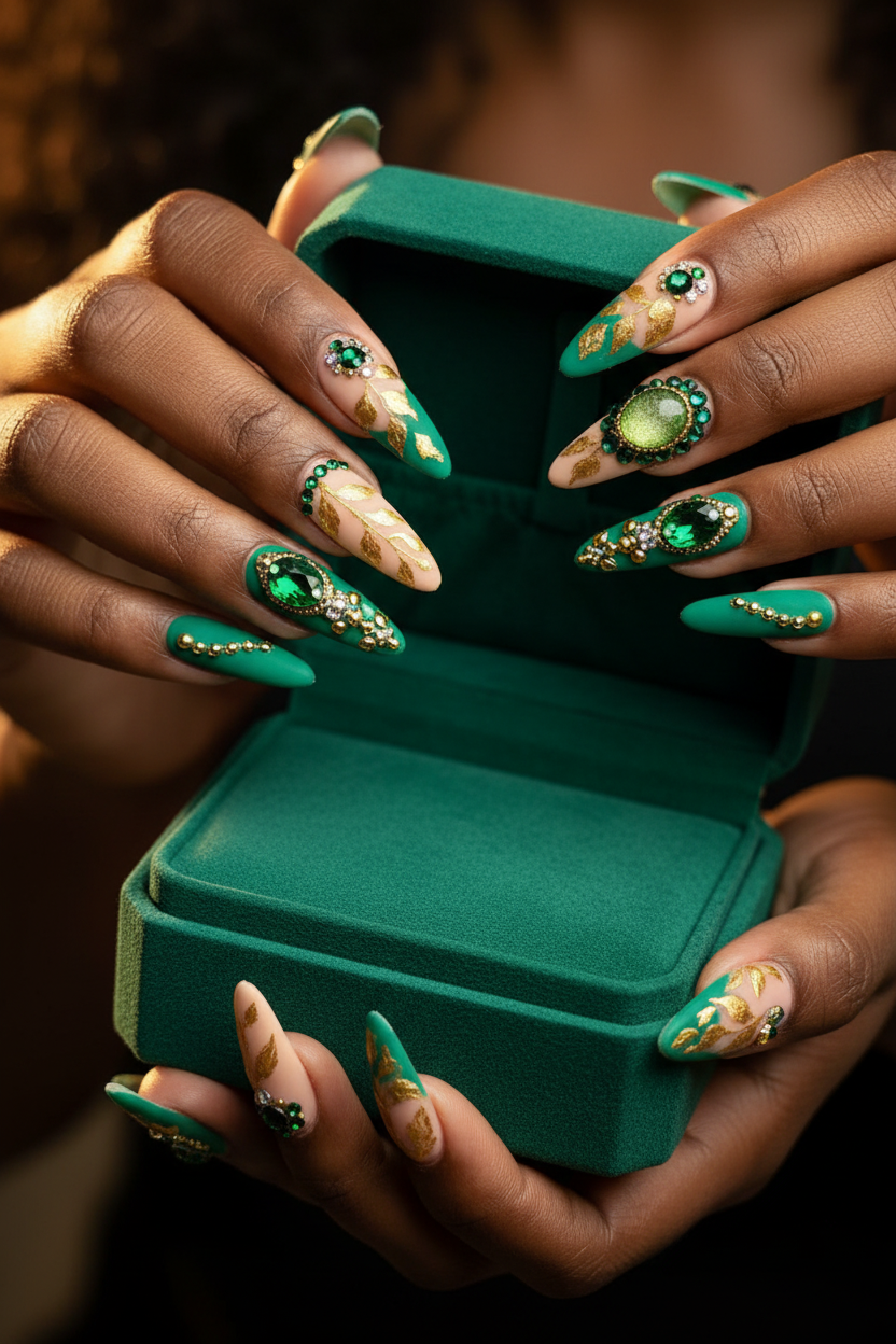 Dark-skin lifestyle emerald rhinestone gem drape gold leaf custom press-on nails holding green velvet box — LuxepressCo