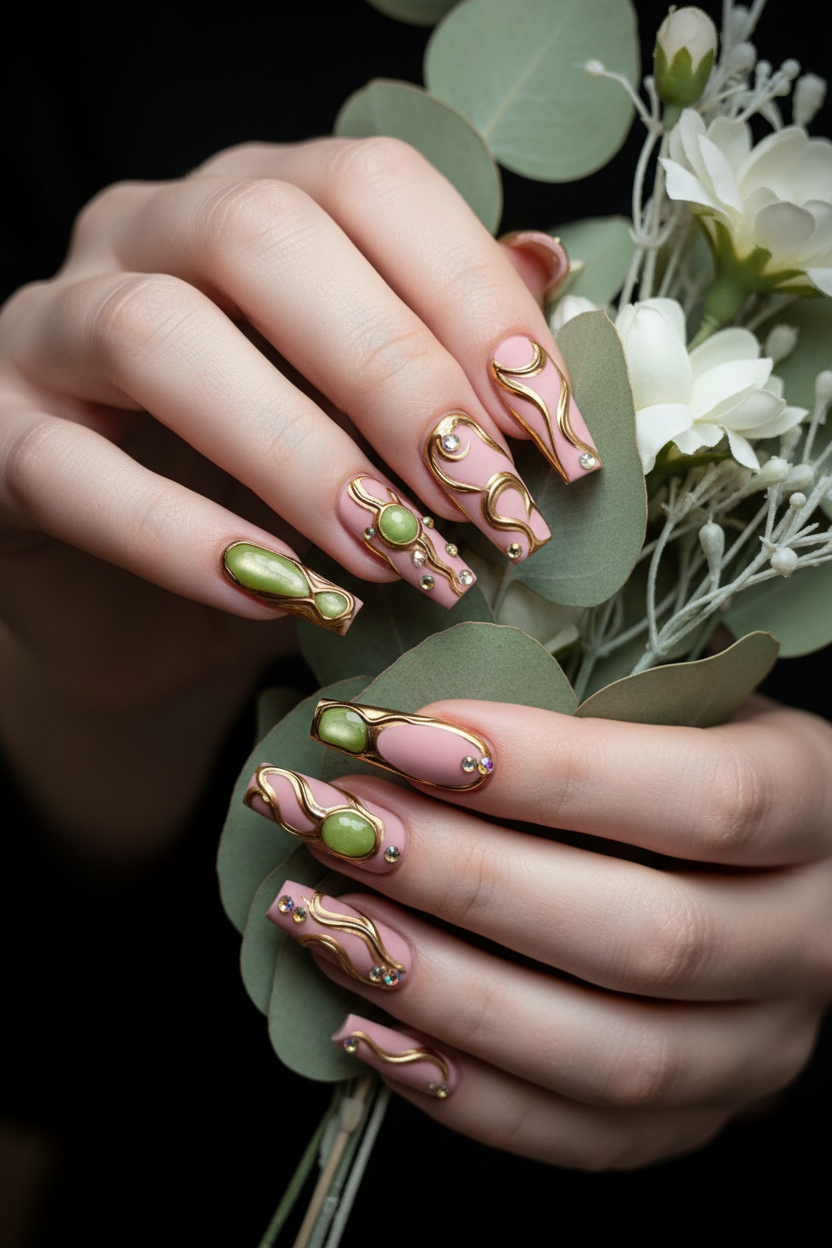 Fair-skin lifestyle olive green celestial moon star blush pink custom press-on nails holding eucalyptus — LuxepressCo