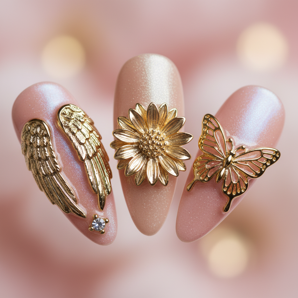 Macro close-up 3D gold chrome angel wing butterfly sunflower aurora cat-eye salon-quality press-on nails blush pink — LuxepressCo