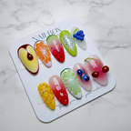 Full set 10 tropical fruit market 3D mango watermelon blueberry cherry kiwi citrus lime custom press-on nails on marble — LuxepressCo
