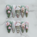 Flat lay top-down full set 10 lotus pearl fan press-on nails jade green blush pink marble custom press-on nails — LuxepressCo