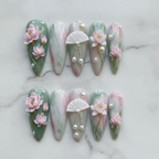Flat lay top-down full set 10 lotus pearl fan press-on nails jade green blush pink marble custom press-on nails — LuxepressCo