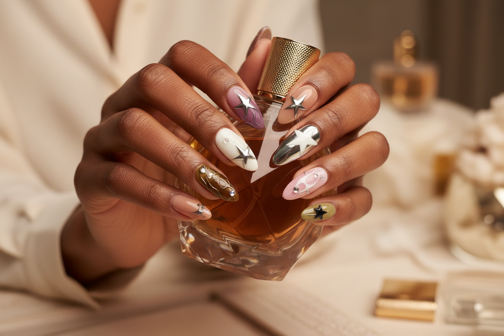 Dark-skin hands wearing silver star chrome custom press-on nails holding perfume — LuxepressCo