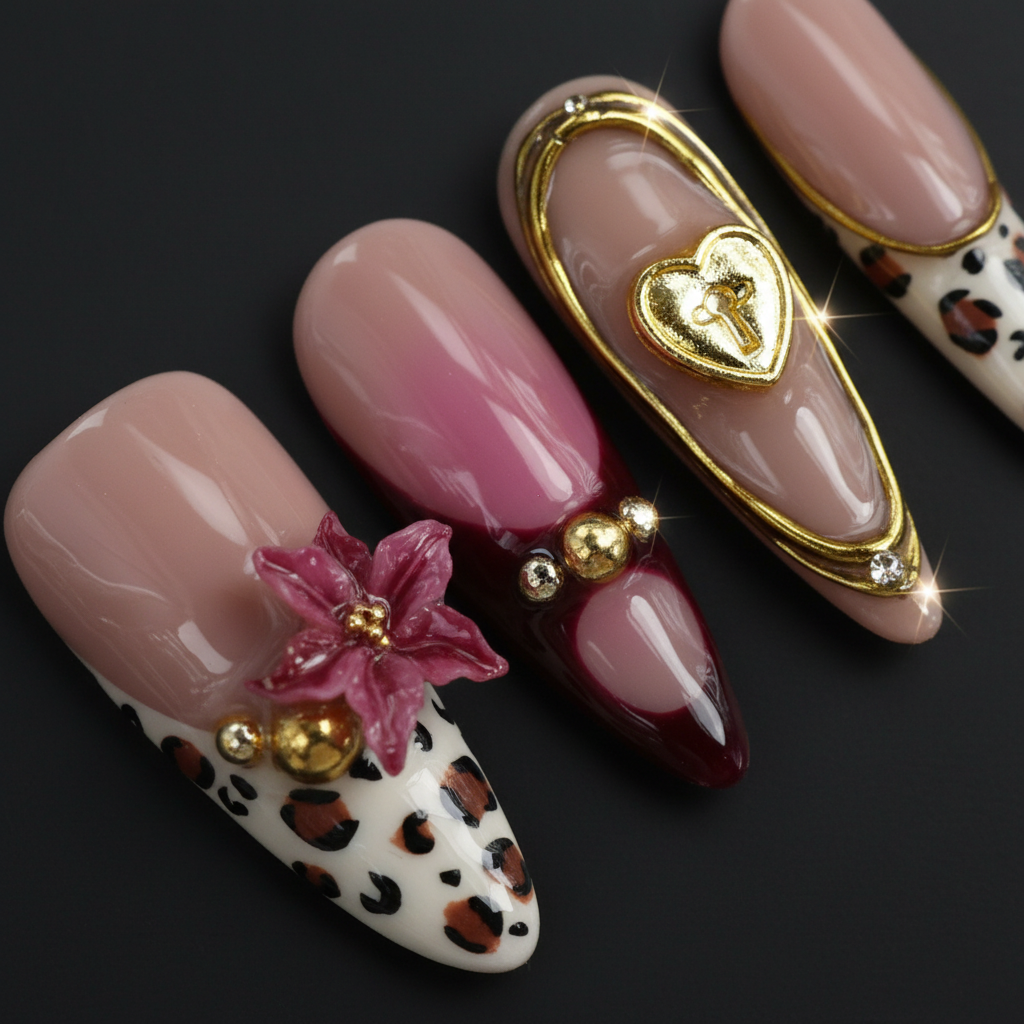 Macro close-up mauve ombre 3D magenta star flower gold heart lock charm salon-quality press-on nails — LuxepressCo