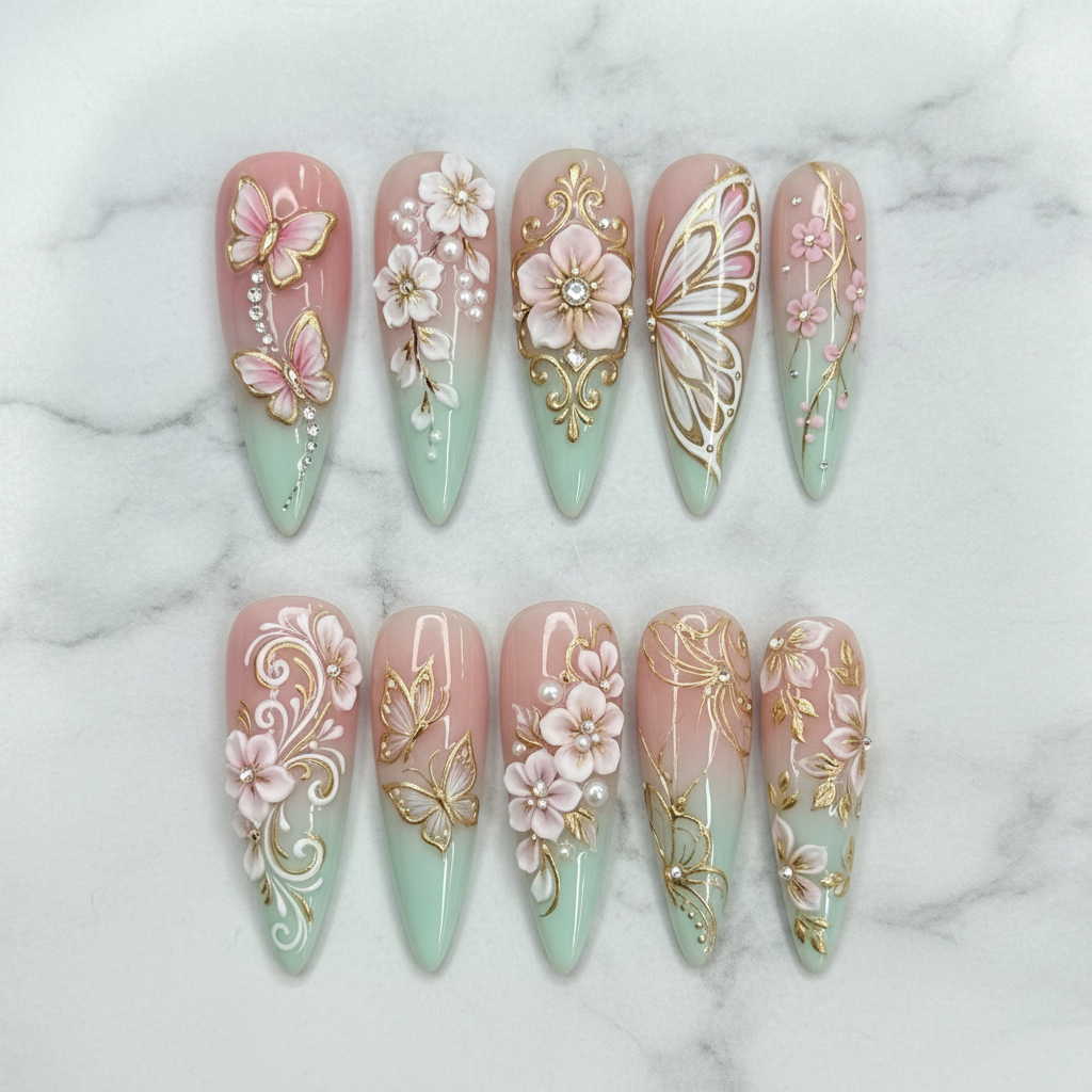 Flat lay top-down full set 10 mint green butterfly floral 3D custom press-on nails white marble — LuxepressCo