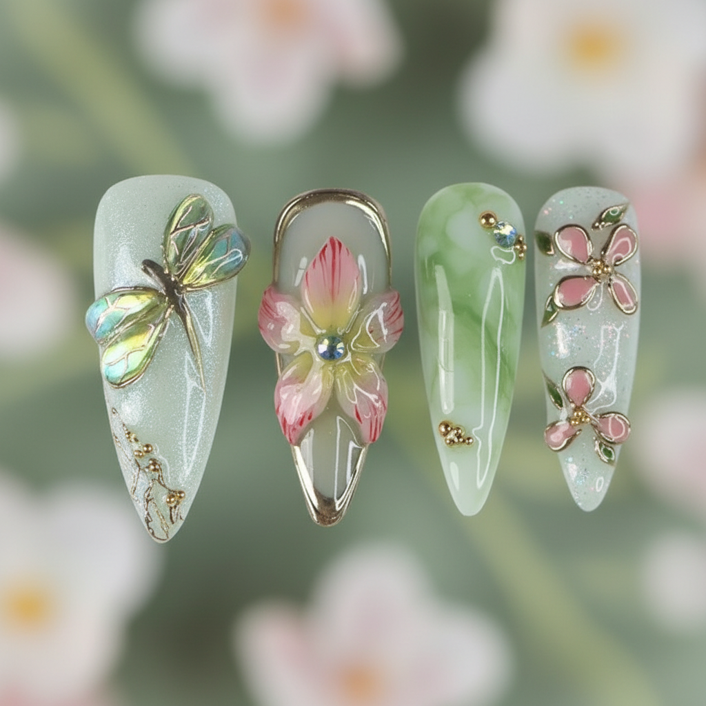 Macro close-up 3D gold dragonfly cherry blossom teardrop frame aurora sage green stiletto custom press-on nails detail — LuxepressCo