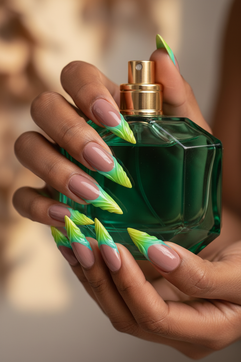 Dark-skin lifestyle mauve brown 3D leaf teal lime ombre custom press-on nails holding green perfume — LuxepressCo