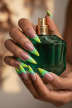 Dark-skin lifestyle mauve brown 3D leaf teal lime ombre custom press-on nails holding green perfume — LuxepressCo
