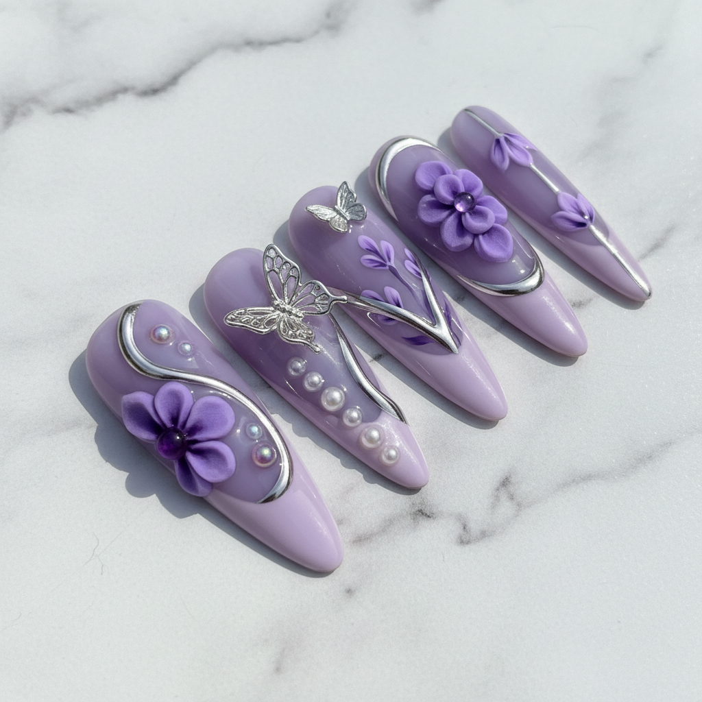 Close-up silver chain V-chrome 3D floral custom press-on nails lavender pearl texture marble — LuxepressCo