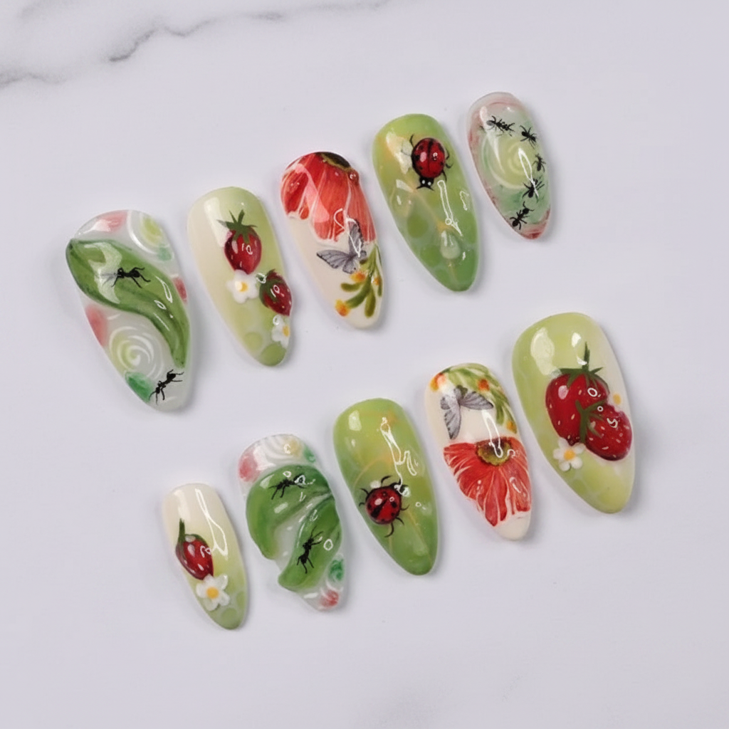 Strawberry ladybug garden 3D red strawberry ant butterfly cottagecore custom press-on nails full set on white marble — LuxepressCo